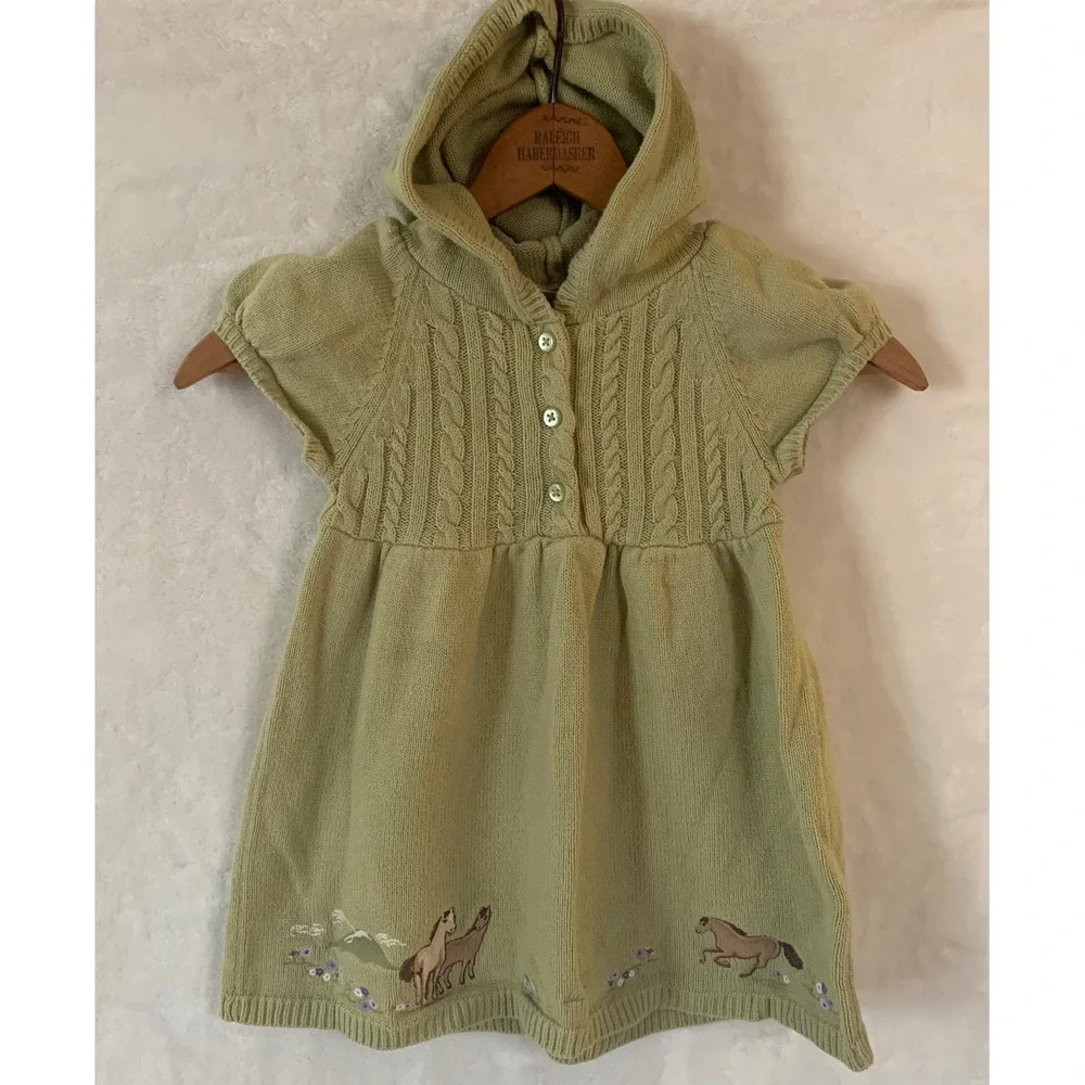 Vintage Gymboree Girls 2T Green Sweater Dress Cable Knit Horse Floral Equestrian